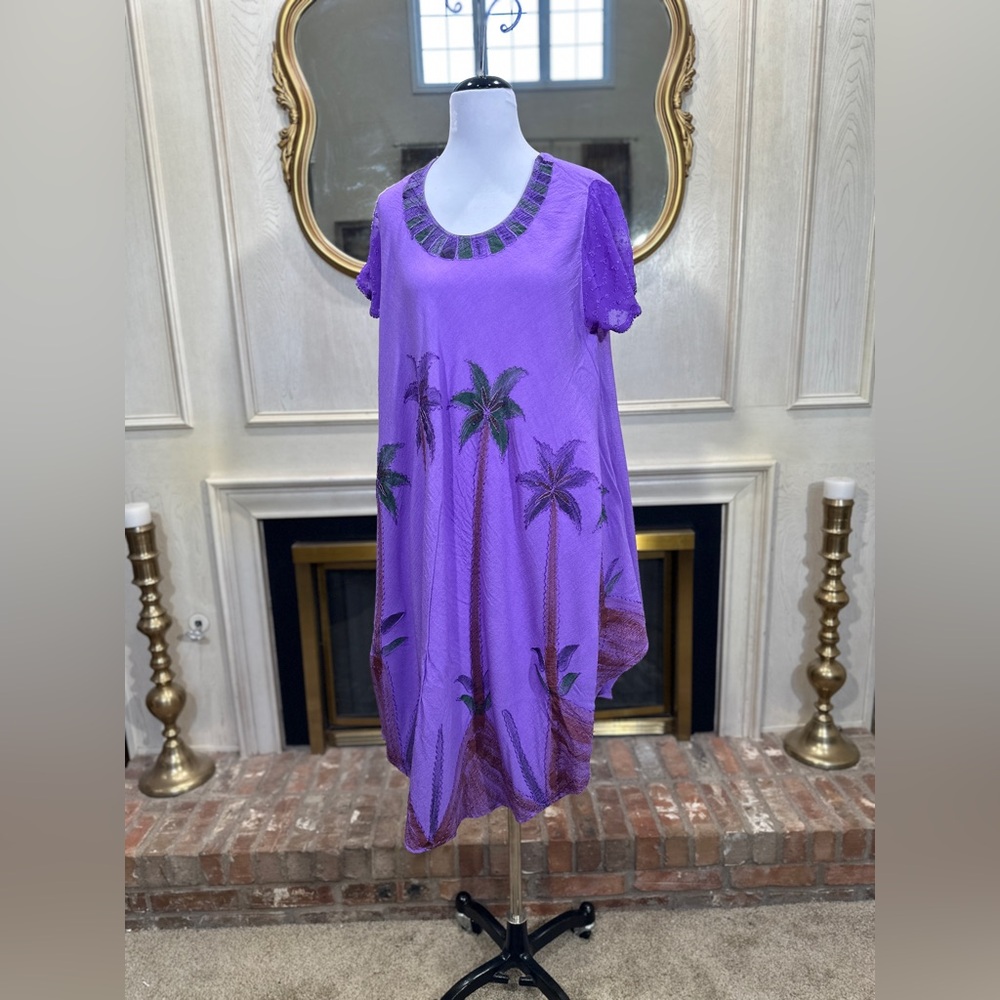 Sakkas‎ Purple Palm Tree Embroidered Dress OS Boho Tropical